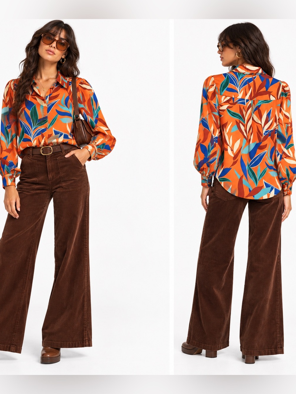 Flying Tomato Orange Tropical Leaf Button Down Blouse S
